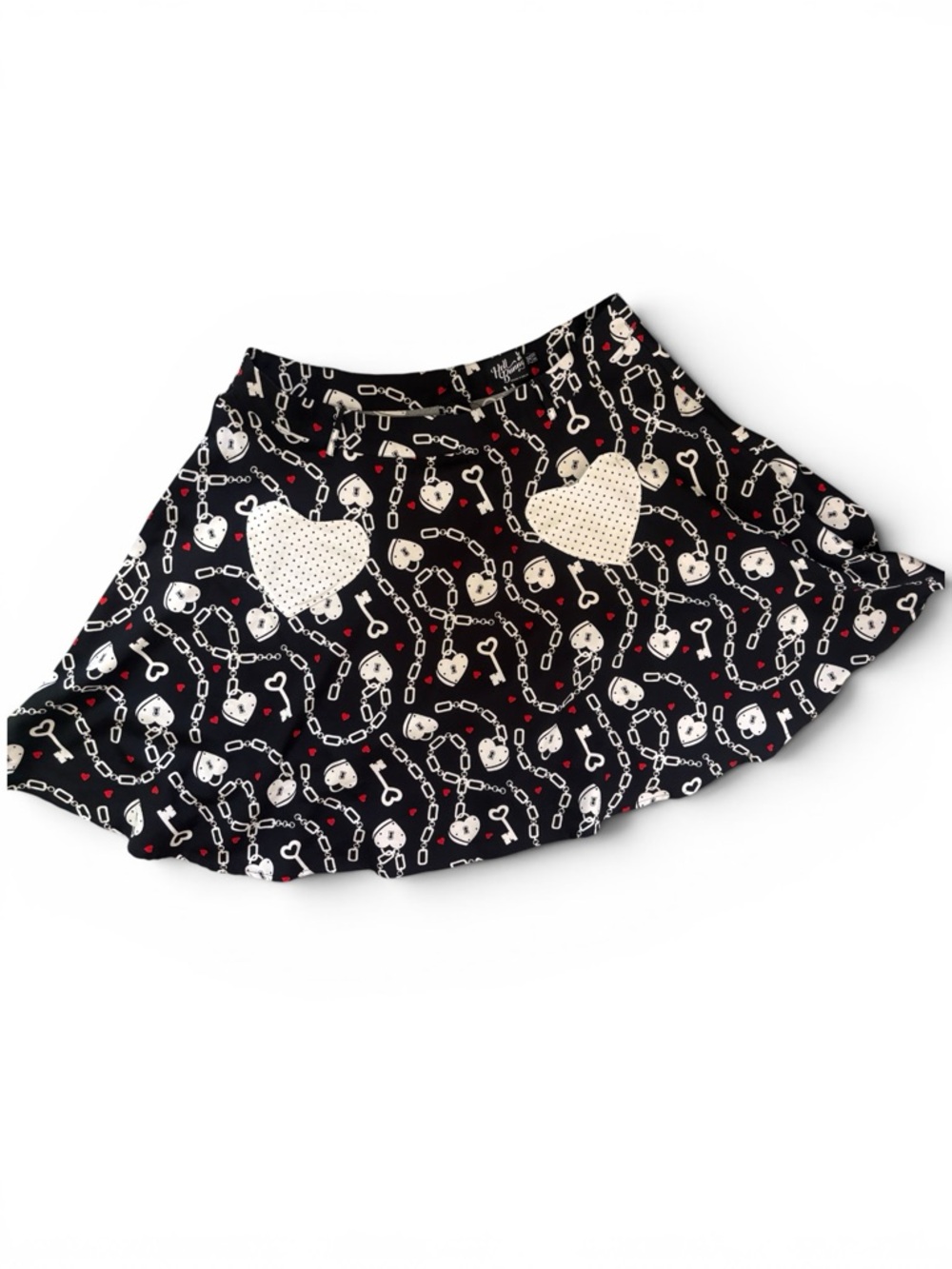 Retro Novelty Hell Bunny Black Skater Skirt with White Heart & Chain Print